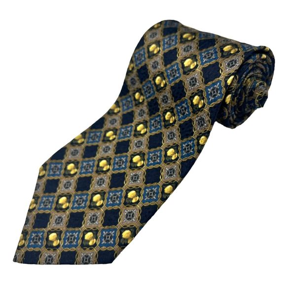 Valentino Cravatte Vintage Men’s Sil Tie Italy Blue Gold Geometric Pattern - Picture 1 of 10